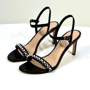 Stuart Weitzman Dancer 75 Demipearl Heel Sandals Black Faux Pearl 9.5 NEW
